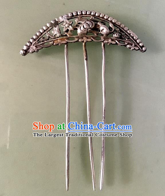 Chinese Ancient Imperial Concubine Hairpin Traditional Qing Dynasty Silver Carving Pumpkin Hair Comb Headwear