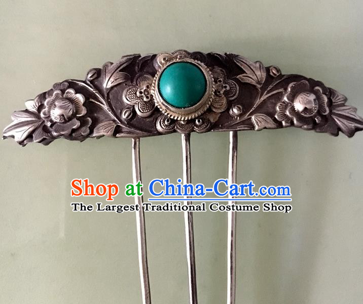 Chinese Ancient Court Woman Hairpin Traditional Qing Dynasty Silver Hair Comb Headpiece
