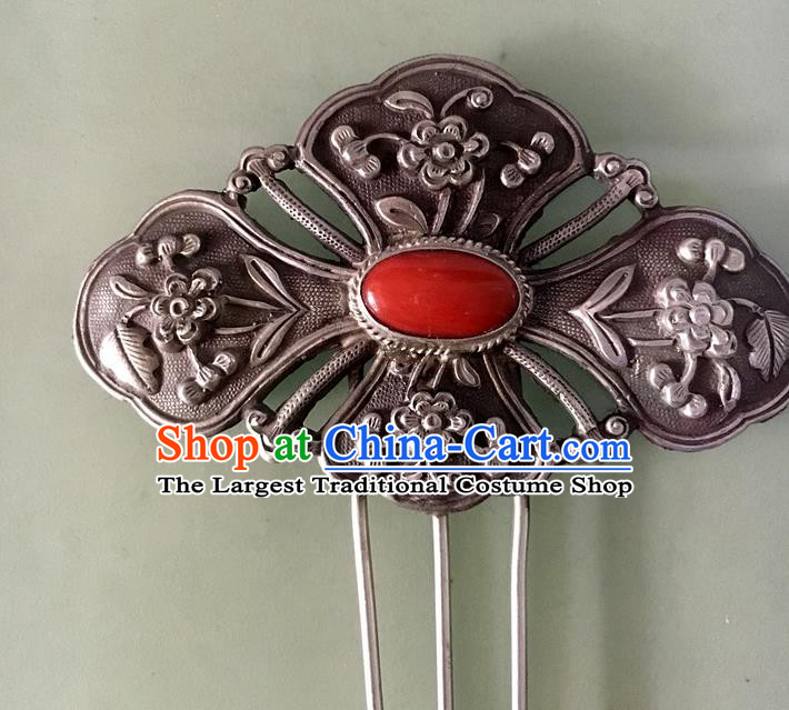 Chinese Ancient Court Silver Carving Peony Hairpin Traditional Qing Dynasty Coral Hair Comb Headpiece