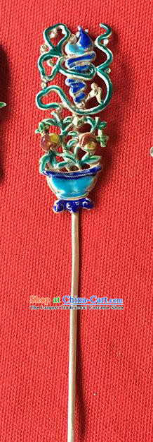 Chinese Ancient Court Woman Silver Hairpin Traditional Qing Dynasty Queen Cloisonne Flowerpot Hair Stick