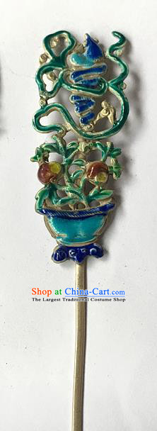 Chinese Ancient Court Woman Silver Hairpin Traditional Qing Dynasty Queen Cloisonne Flowerpot Hair Stick