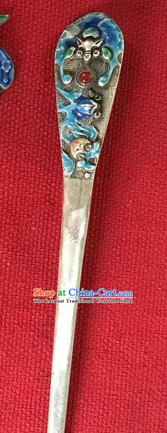 Chinese Ancient Court Lady Silver Hairpin Traditional Qing Dynasty Palace Princess Cloisonne Bat Hair Stick