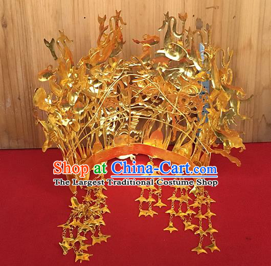 Chinese Ancient Bride Golden Hair Crown Traditional Ming Dynasty Wedding Phoenix Coronet Headwear