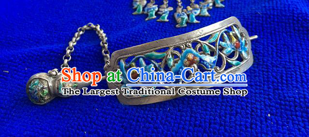 Chinese Ancient Imperial Consort Cloisonne Tassel Hairpin Traditional Qing Dynasty Silver Carving Bat Hair Crown