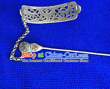 Chinese Ancient Imperial Consort Cloisonne Tassel Hairpin Traditional Qing Dynasty Silver Carving Bat Hair Crown