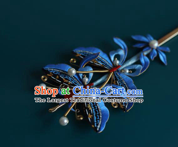 Chinese Traditional Qing Dynasty Court Hairpin Hair Accessories Ancient Imperial Concubine Blue Silk Butterfly Hair Stick