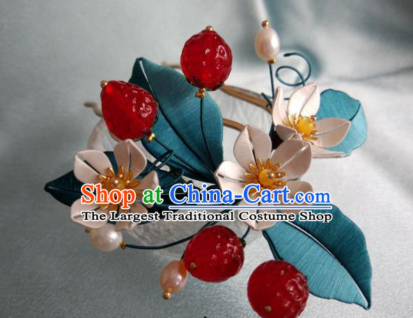 Chinese Ancient Princess Silk Flowers Hair Comb Traditional Ming Dynasty Strawberry Hairpin Hair Accessories