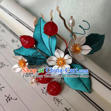 Chinese Ancient Princess Silk Flowers Hair Comb Traditional Ming Dynasty Strawberry Hairpin Hair Accessories