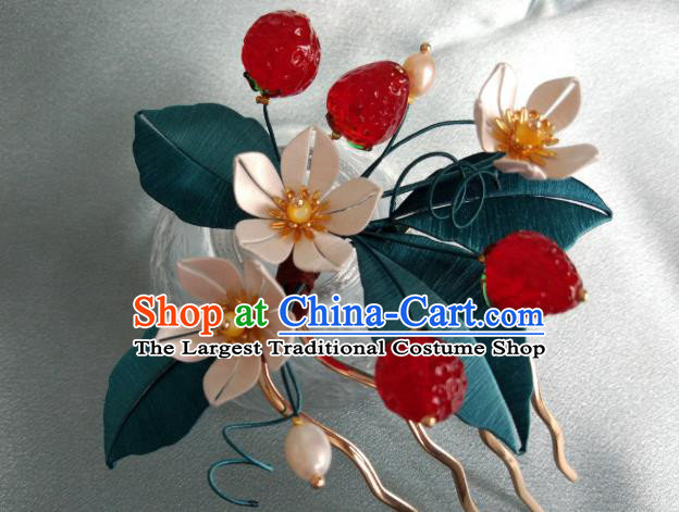 Chinese Ancient Princess Silk Flowers Hair Comb Traditional Ming Dynasty Strawberry Hairpin Hair Accessories