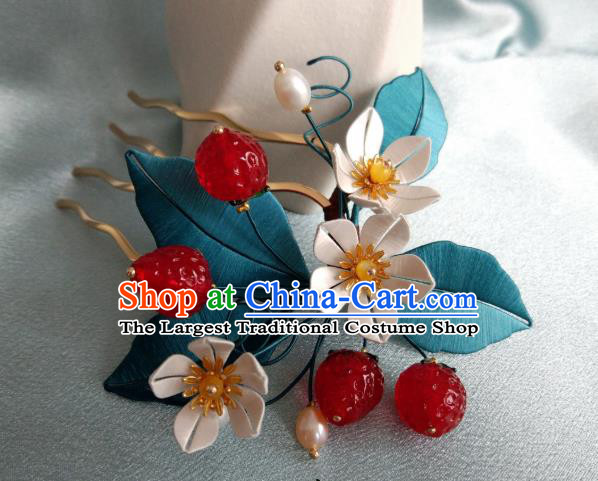 Chinese Ancient Princess Silk Flowers Hair Comb Traditional Ming Dynasty Strawberry Hairpin Hair Accessories