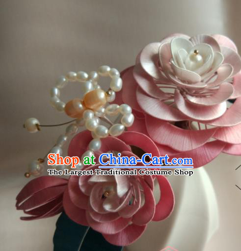 Chinese Ancient Princess Pearls Butterfly Hair Comb Traditional Ming Dynasty Hair Accessories Pink Silk Camellia Hairpin