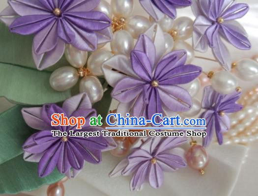 Chinese Ancient Princess Pearls Hair Stick Song Dynasty Hair Accessories Traditional Purple Silk Hydrangea Hairpin