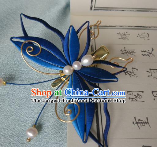 Chinese Ancient Princess Blue Silk Butterfly Hair Stick Traditional Pearls Hair Claw Ming Dynasty Hair Accessories