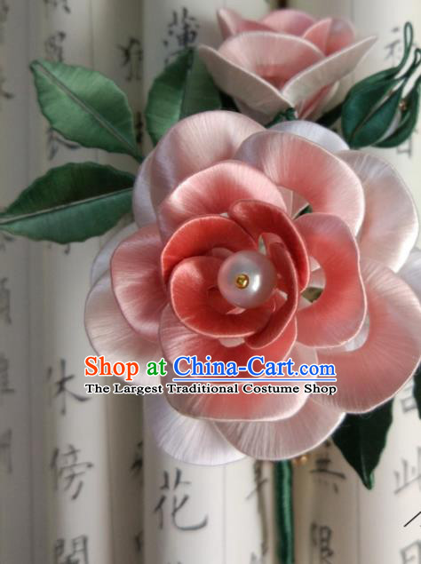 Chinese Song Dynasty Hair Accessories Ancient Princess Hair Stick Traditional Pink Silk Camellia Hairpin