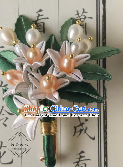 Chinese Traditional Silk Flowers Hairpin Song Dynasty Hair Accessories Ancient Princess Pearls Hair Stick