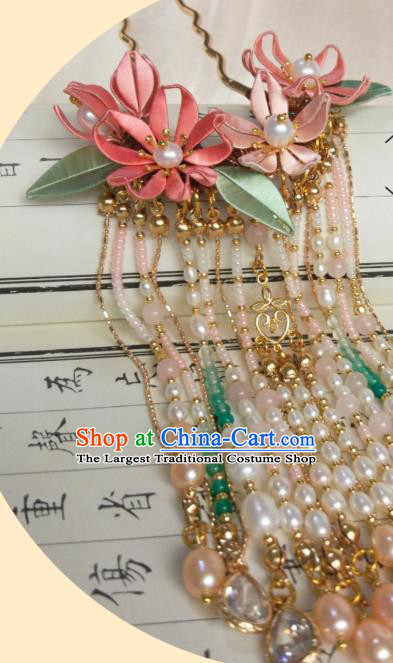 Chinese Traditional Pink Silk Epiphyllum Hairpin Song Dynasty Hair Accessories Ancient Princess Pearls Tassel Hair Clip