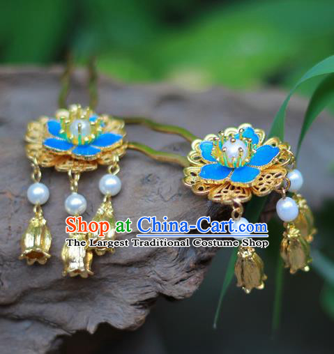 Chinese Ancient Ming Dynasty Hair Accessories Traditional Blueing Plum Blossom Hairpin