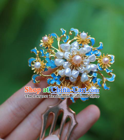 Chinese Ancient Empress Blueing Hairpin Traditional Ming Dynasty Hanfu Pearls Hair Comb