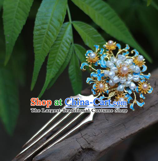 Chinese Ancient Empress Blueing Hairpin Traditional Ming Dynasty Hanfu Pearls Hair Comb