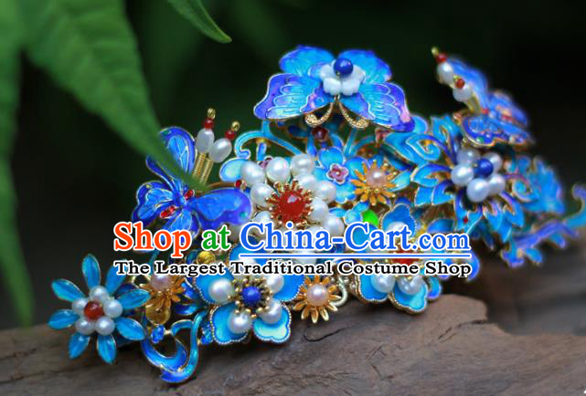 Chinese Ancient Empress Pearls Hairpin Traditional Ming Dynasty Hanfu Blueing Butterfly Hair Crown