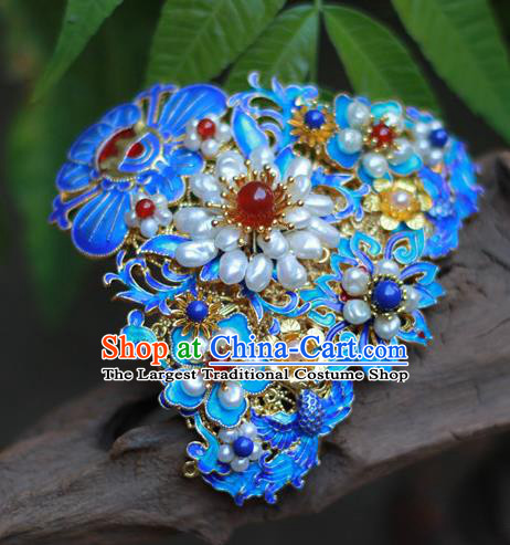 Chinese Traditional Ming Dynasty Hanfu Blueing Phoenix Peony Hair Crown Ancient Empress Pearls Hairpin