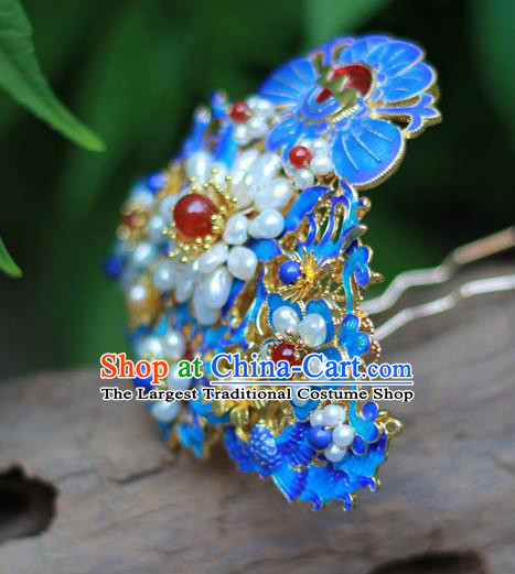 Chinese Traditional Ming Dynasty Hanfu Blueing Phoenix Peony Hair Crown Ancient Empress Pearls Hairpin