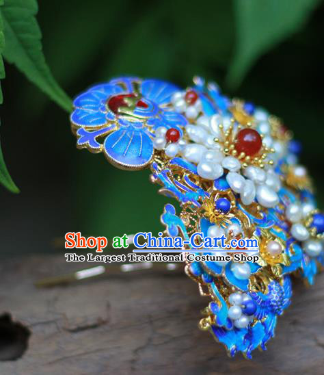 Chinese Traditional Ming Dynasty Hanfu Blueing Phoenix Peony Hair Crown Ancient Empress Pearls Hairpin