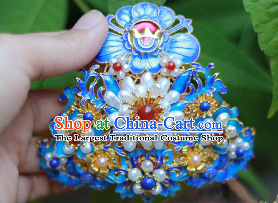 Chinese Traditional Ming Dynasty Hanfu Blueing Phoenix Peony Hair Crown Ancient Empress Pearls Hairpin