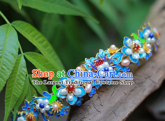 Chinese Ancient Empress Pearls Hair Crown Traditional Ming Dynasty Hanfu Blueing Lotus Hairpin