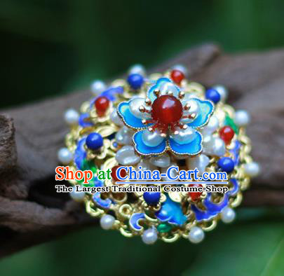 Chinese Traditional Ming Dynasty Hanfu Blueing Plum Hair Crown Ancient Empress Pearls Hairpin