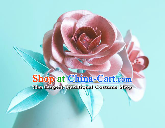 Chinese Traditional Hanfu Pink Silk Rose Hairpin Hair Accessories Ancient Princess Hair Stick