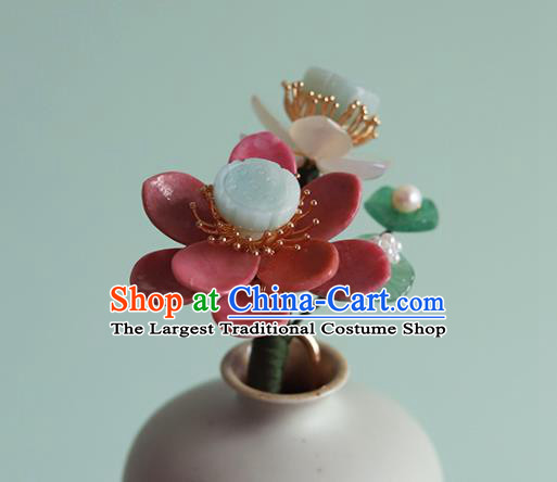 Chinese Traditional Hanfu Jadeite Hairpin Hair Accessories Ancient Princess Red Lotus Hair Stick