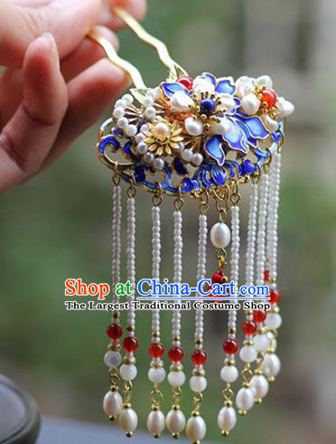 Chinese Ancient Imperial Concubine Blueing Hairpin Traditional Ming Dynasty Pearls Tassel Hair Stick