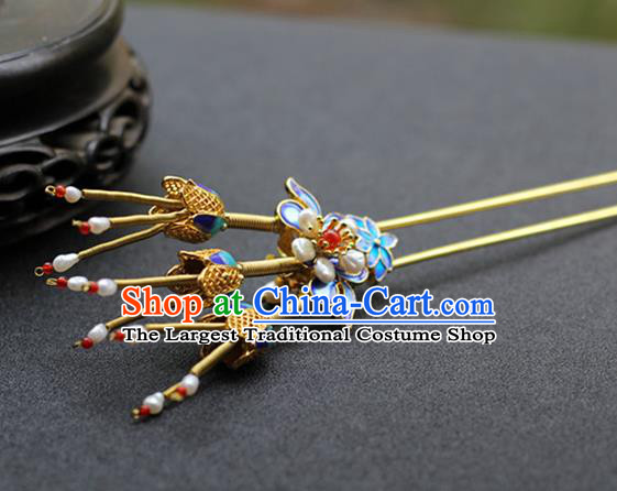 Chinese Traditional Ming Dynasty Empress Pearls Hair Stick Ancient Imperial Concubine Blueing Lotus Hairpin