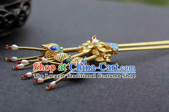 Chinese Traditional Ming Dynasty Empress Pearls Hair Stick Ancient Imperial Concubine Blueing Lotus Hairpin