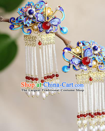 Chinese Ancient Court Woman Pearls Tassel Hairpin Traditional Ming Dynasty Queen Blueing Butterfly Hair Stick