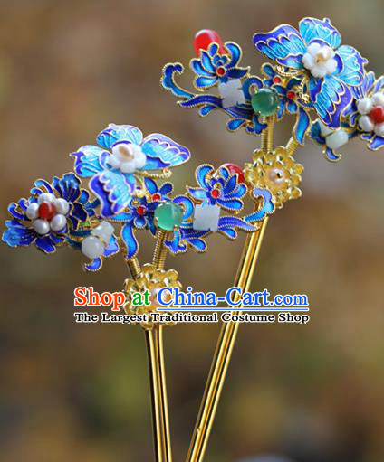 Chinese Ancient Queen Blueing Butterfly Hairpin Traditional Ming Dynasty Jade Pearls Hair Stick