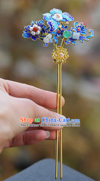 Chinese Ancient Queen Blueing Butterfly Hairpin Traditional Ming Dynasty Jade Pearls Hair Stick