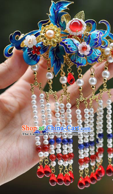 Chinese Ancient Bride Blueing Butterfly Hairpin Traditional Ming Dynasty Wedding Tassel Hair Claw