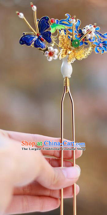 Chinese Ancient Royal Empress Jade Vase Hairpin Traditional Ming Dynasty Blueing Butterfly Hair Stick