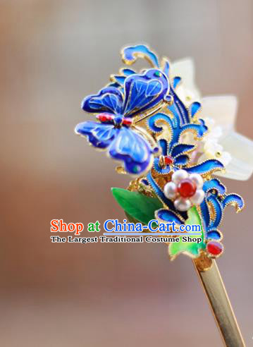 Chinese Ancient Queen Cloisonne Butterfly Hairpin Traditional Ming Dynasty Pearls Jade Hair Stick