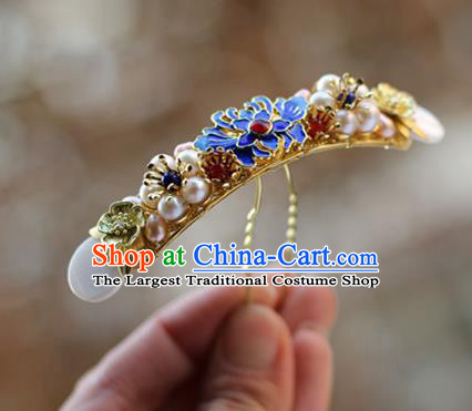 Chinese Ancient Palace Lady Pearls Hairpin Traditional Ming Dynasty Cloisonne Chrysanthemum Hair Stick