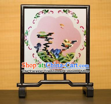 China Embroidered Desk Screen Double Side Suzhou Embroidery Silk Craft Handmade Blackwood Table Ornament
