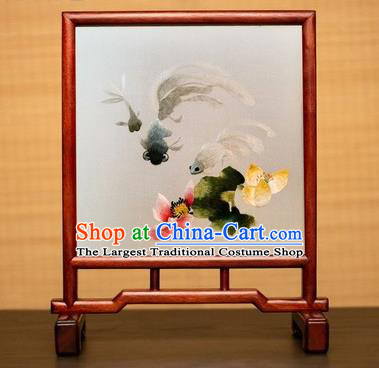 China Double Side Suzhou Embroidery Silk Craft Handmade Rosewood Table Ornament Embroidered Lotus Goldfish Desk Screen