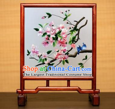 China Handmade Rosewood Table Ornament Embroidered Peach Blossom Desk Screen