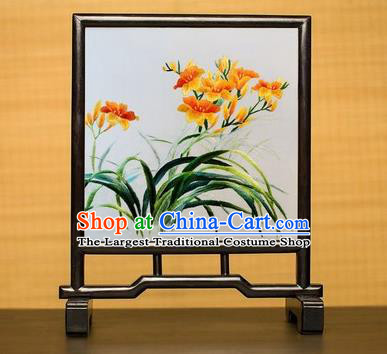 China Handmade Rosewood Table Furniture Traditional Double Side Embroidered Orchids Desk Screen