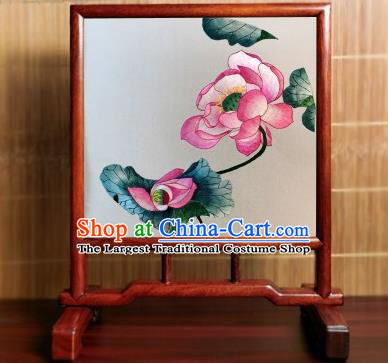 China Traditional Double Side Embroidered Lotus Desk Screen Handmade Rosewood Table Furniture