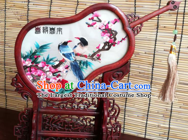 China Traditional Double Side Embroidered Desk Screen Handmade Rosewood Gourd Decoration