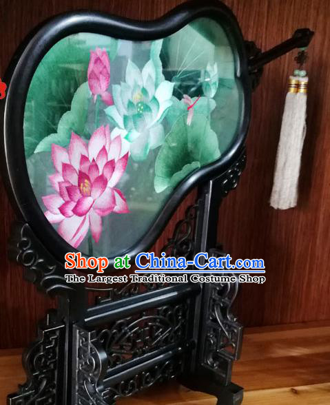 China Traditional Double Side Embroidered Lotus Table Screen Handmade Blackwood Gourd Desk Decoration