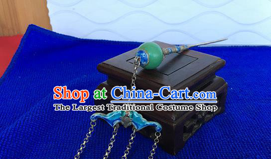 Chinese Traditional Qing Dynasty Silver Hair Stick Ancient Empress Cloisonne Bat Tassel Hairpin
